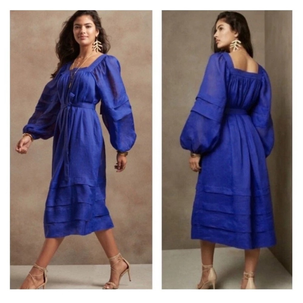 Banana Republic Dress Womens XS Blue Ramie Midi Long Sleeve Belted Square Neck